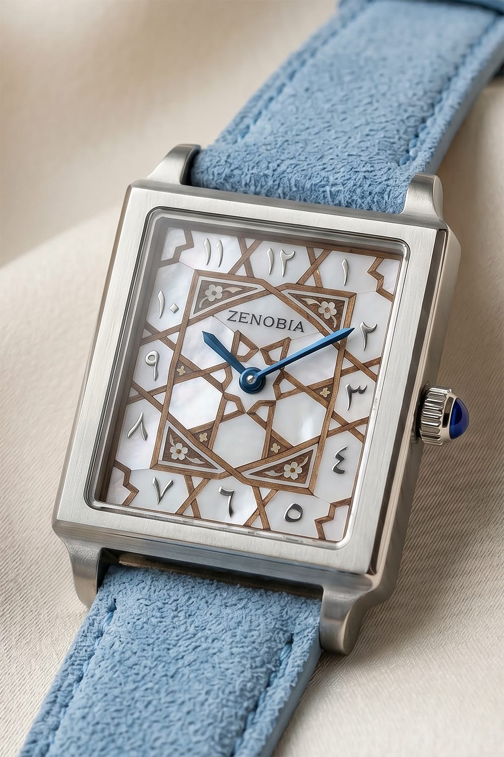 Zenobia Palmyra Azure watch with sky blue · walnut · silver design