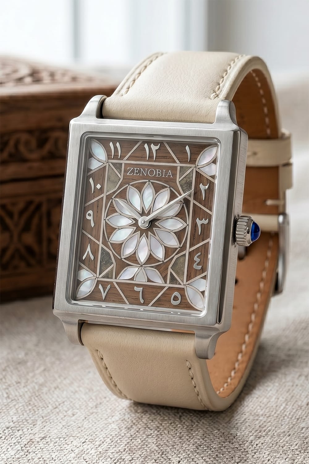 Zenobia watch with a mother-of-pearl inspired floral dial, walnut geometry and ivory strap